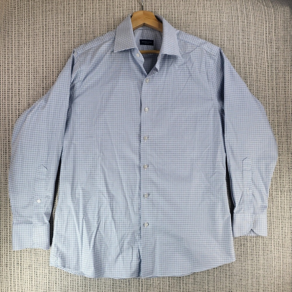 Proper‎ Cloth Shirt Mens Large Blue Navy Tattersall Non-Iron Stretch Dress